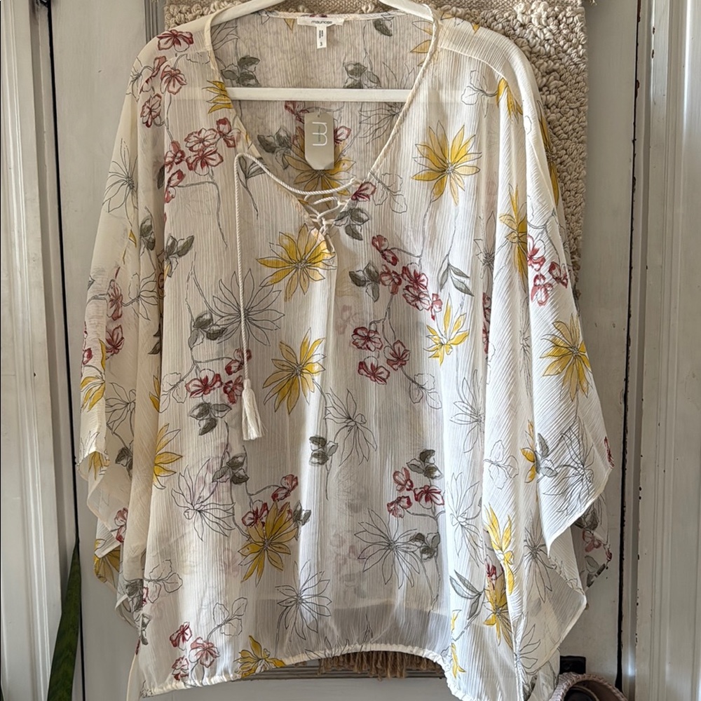 Maurices Floral Print Sheer Blouse with Yellow, Red, and Gray Accents